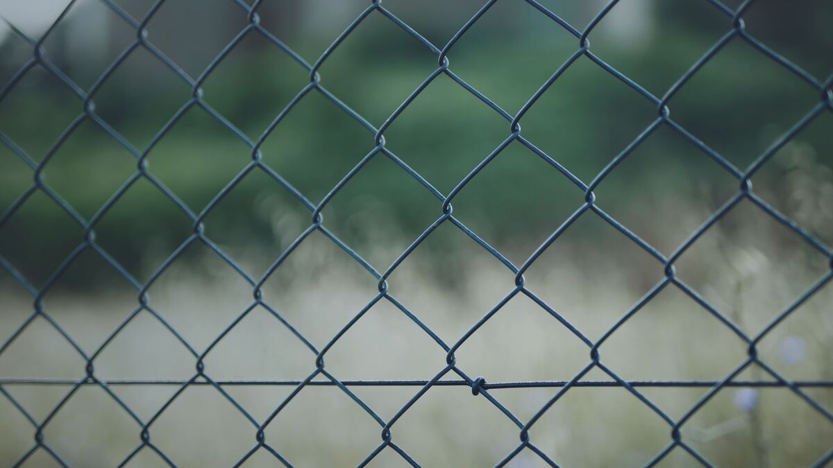 A close view of galvanized chain link mesh with a blurred green yard behind it